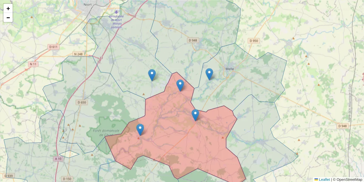 Carte de la zone du code postal  et des codes postaux voisins en France
