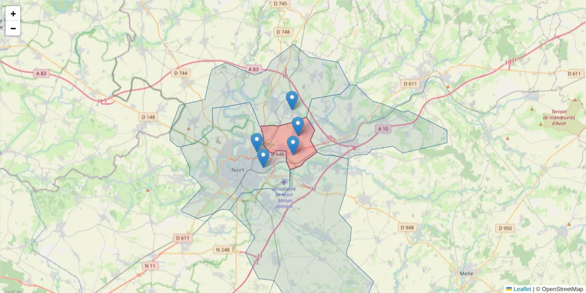 Carte de la zone du code postal  et des codes postaux voisins en France