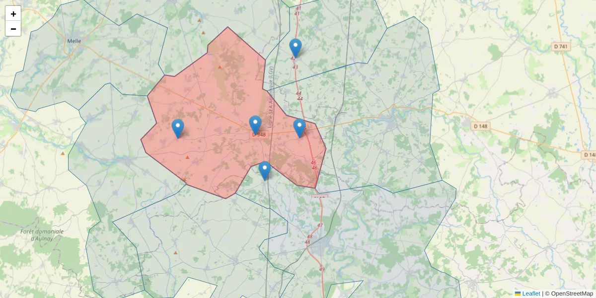 Carte de la zone du code postal  et des codes postaux voisins en France