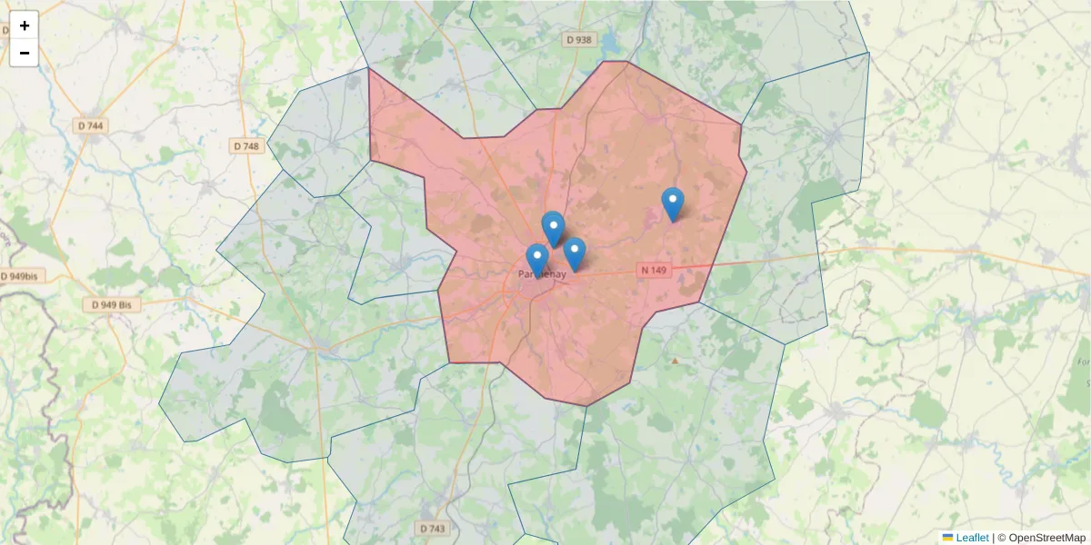 Carte de la zone du code postal  et des codes postaux voisins en France