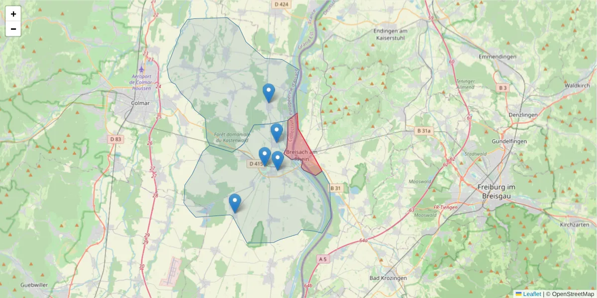 Carte de la zone du code postal  et des codes postaux voisins en France