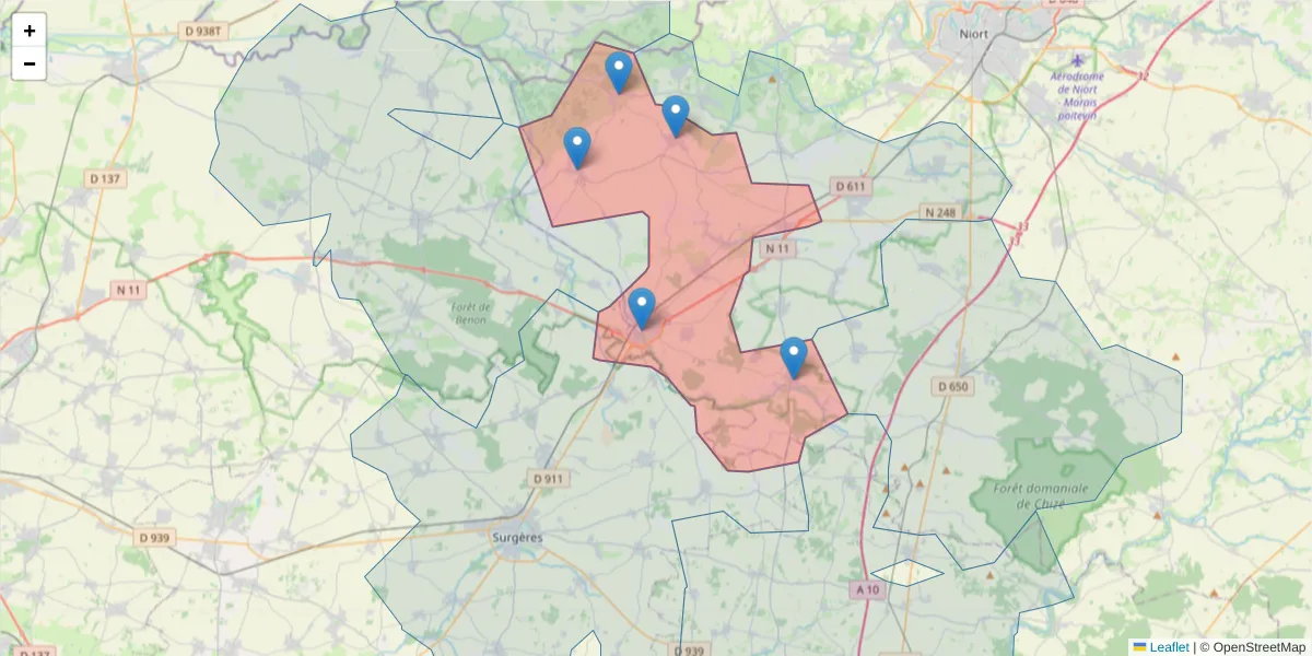 Carte de la zone du code postal  et des codes postaux voisins en France
