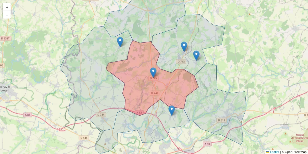 Carte de la zone du code postal  et des codes postaux voisins en France