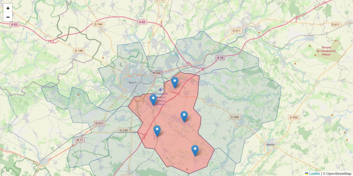 Carte de la zone du code postal  et des codes postaux voisins en France