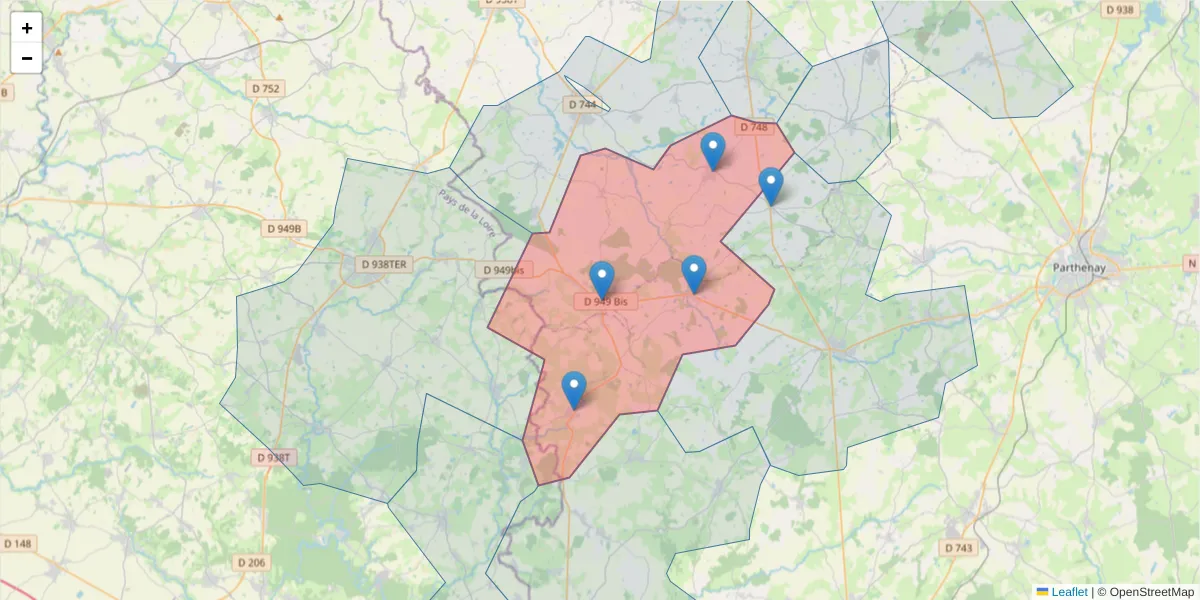Carte de la zone du code postal  et des codes postaux voisins en France