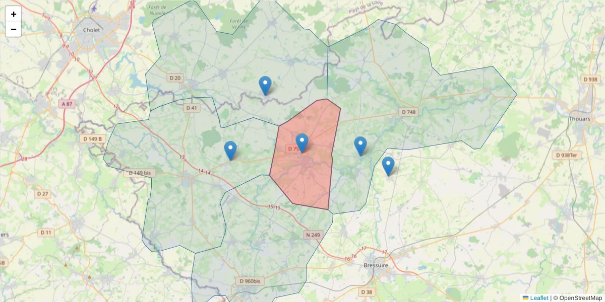 Carte de la zone du code postal  et des codes postaux voisins en France