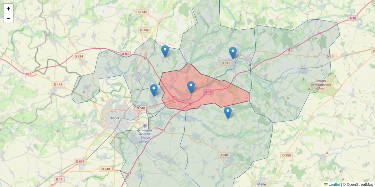 Carte de la zone du code postal  et des codes postaux voisins en France