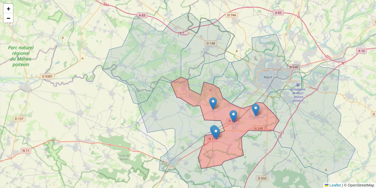Carte de la zone du code postal  et des codes postaux voisins en France