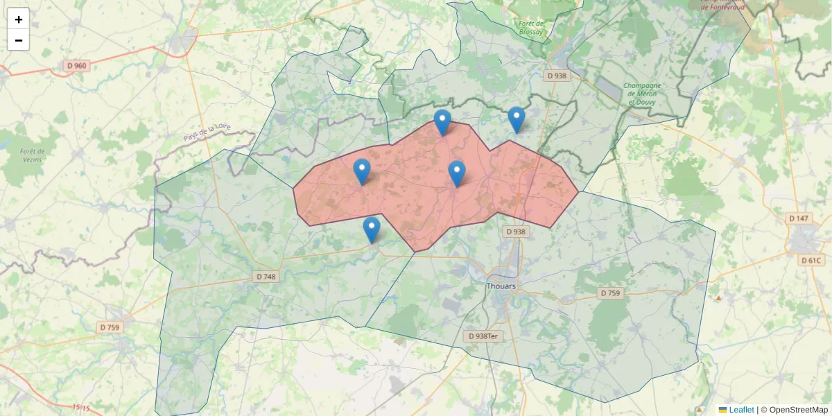 Carte de la zone du code postal  et des codes postaux voisins en France