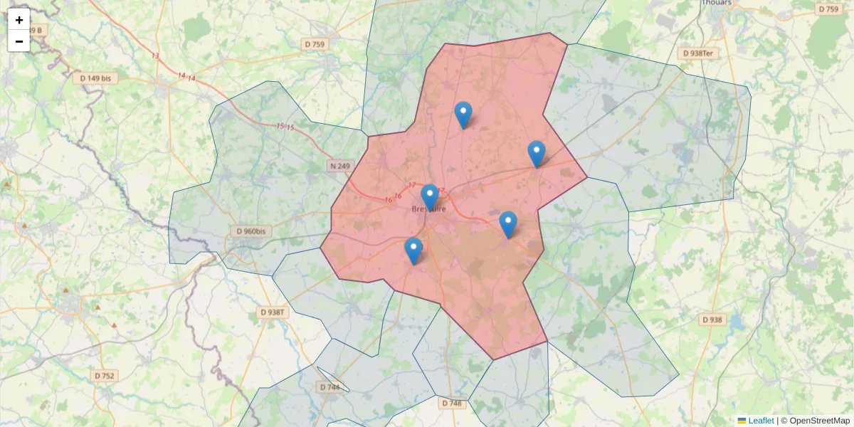 Carte de la zone du code postal  et des codes postaux voisins en France