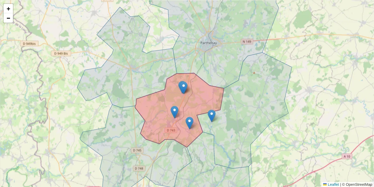 Carte de la zone du code postal  et des codes postaux voisins en France