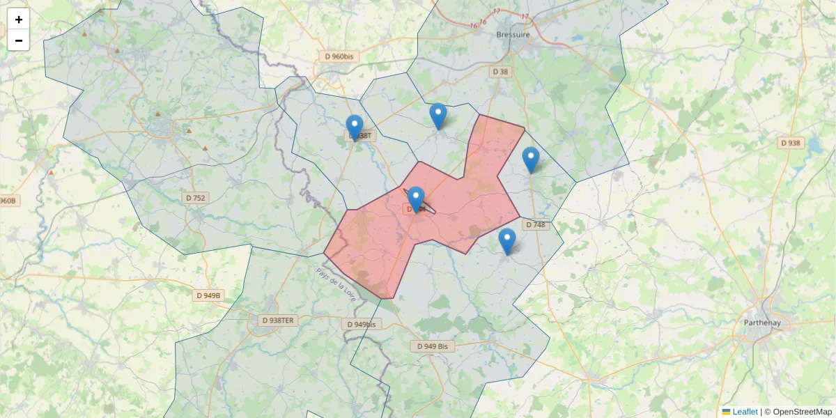 Carte de la zone du code postal  et des codes postaux voisins en France