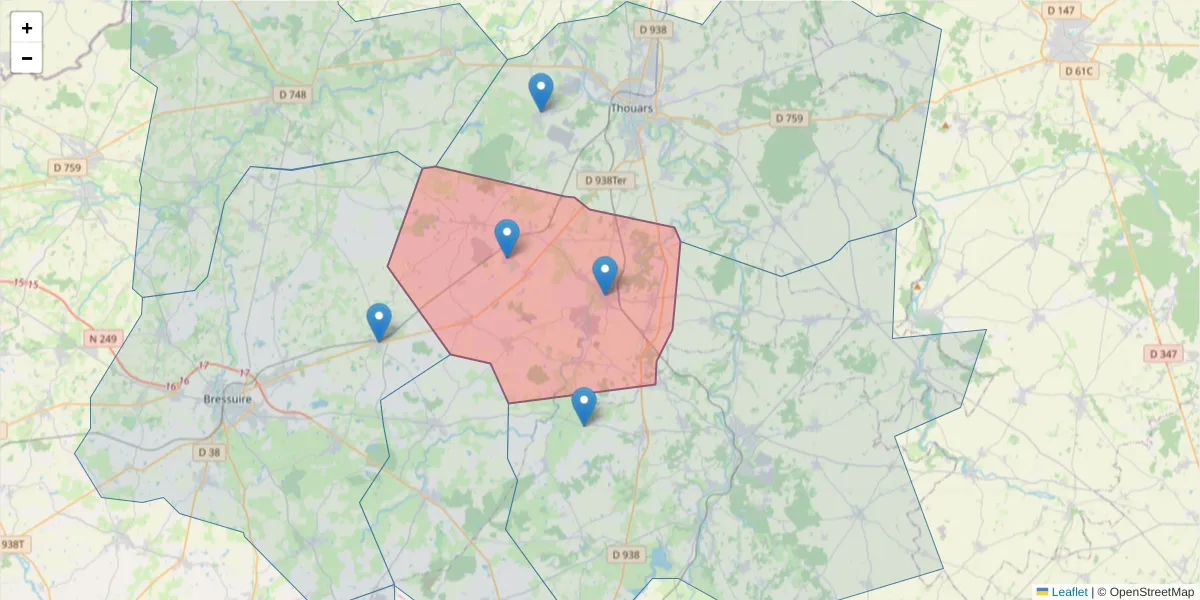 Carte de la zone du code postal  et des codes postaux voisins en France