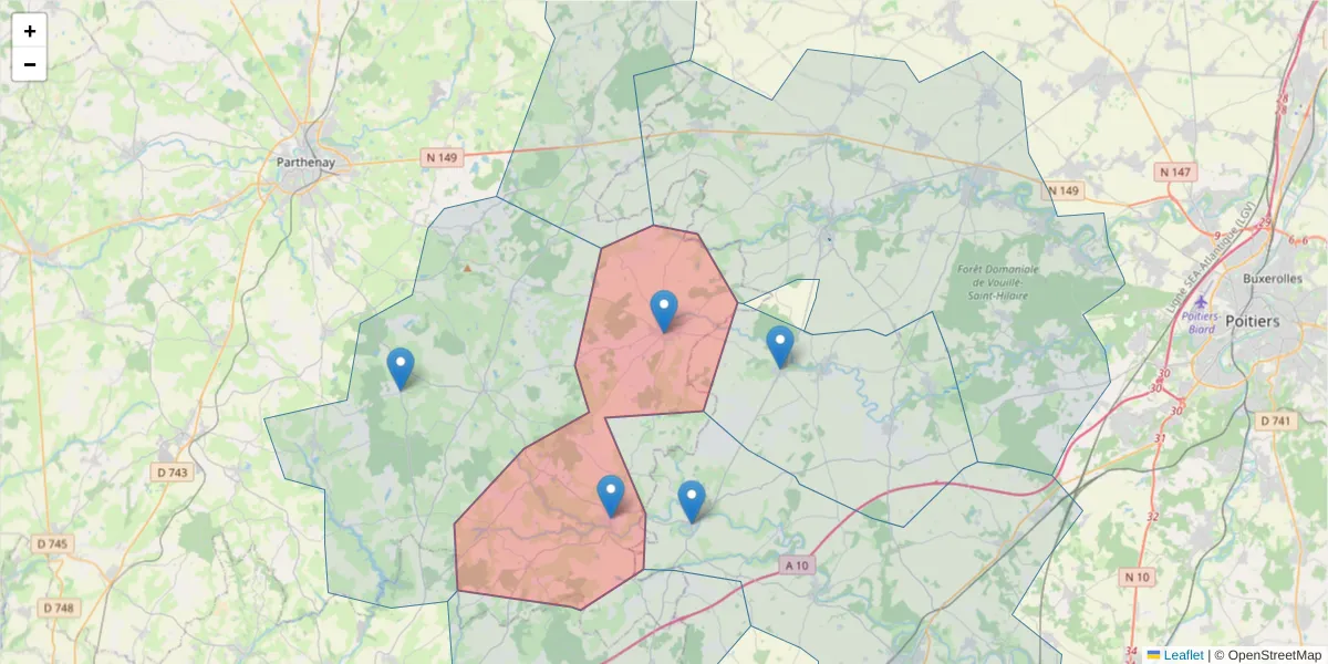 Carte de la zone du code postal  et des codes postaux voisins en France