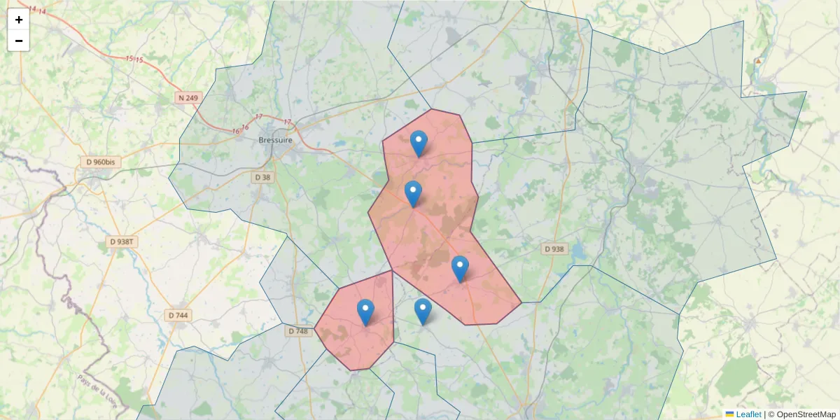 Carte de la zone du code postal  et des codes postaux voisins en France
