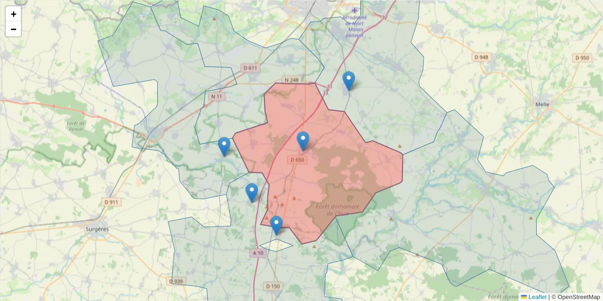 Carte de la zone du code postal  et des codes postaux voisins en France