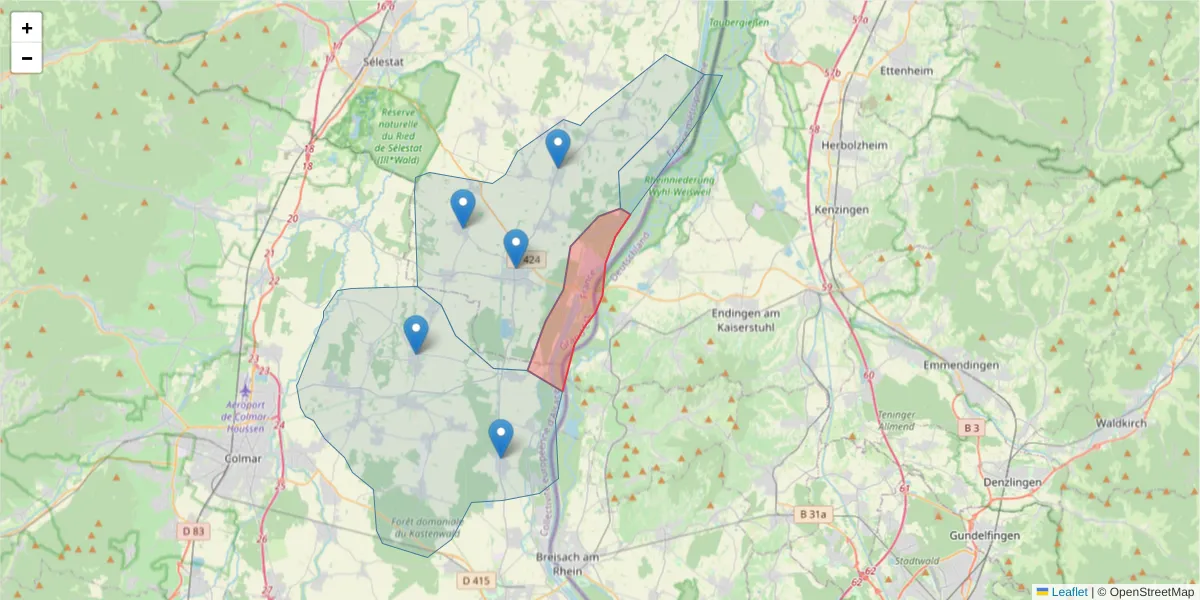 Carte de la zone du code postal  et des codes postaux voisins en France