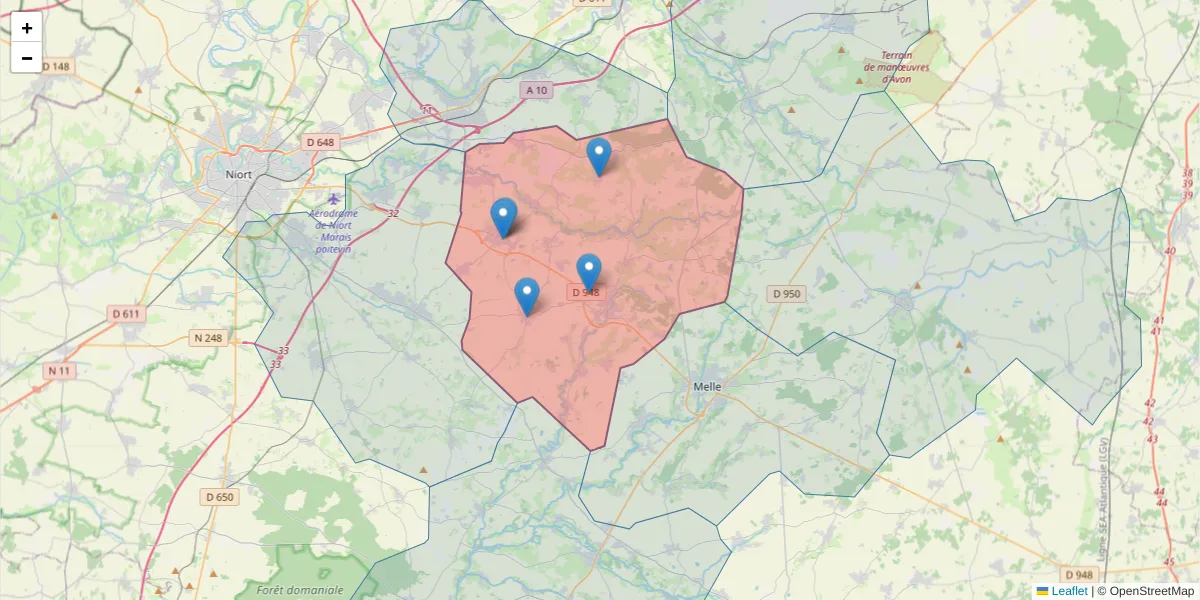 Carte de la zone du code postal  et des codes postaux voisins en France
