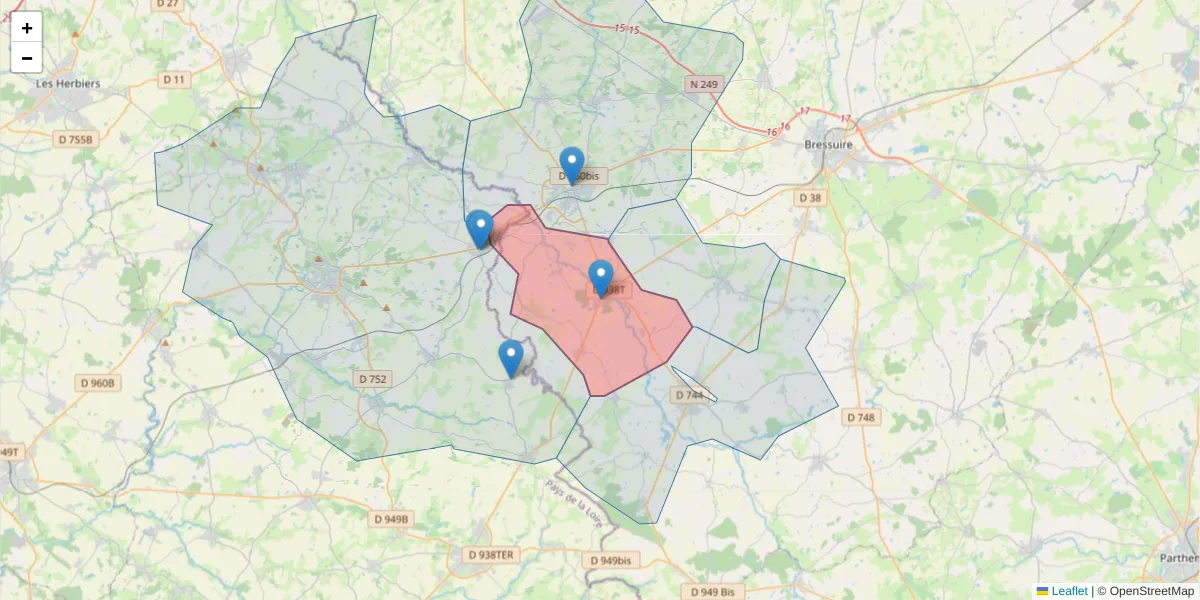 Carte de la zone du code postal  et des codes postaux voisins en France