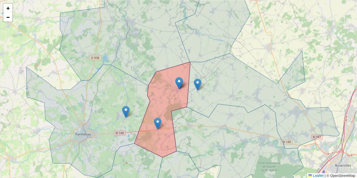 Carte de la zone du code postal  et des codes postaux voisins en France