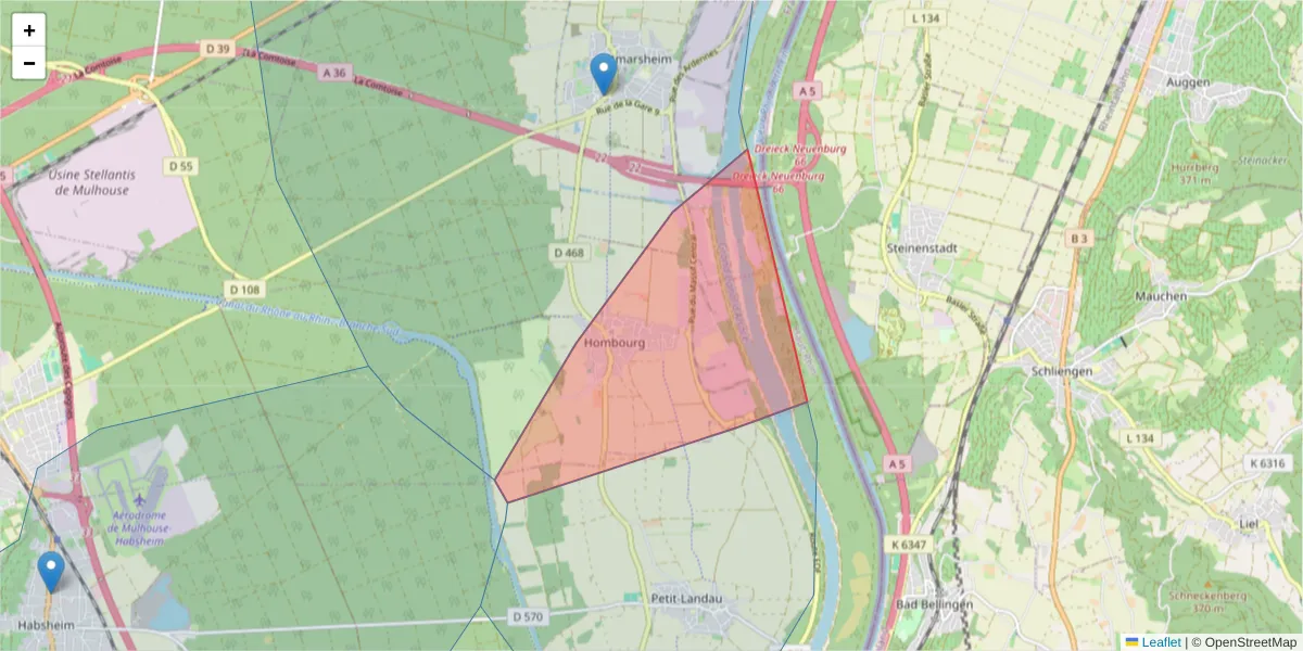 Carte de la zone du code postal  et des codes postaux voisins en France