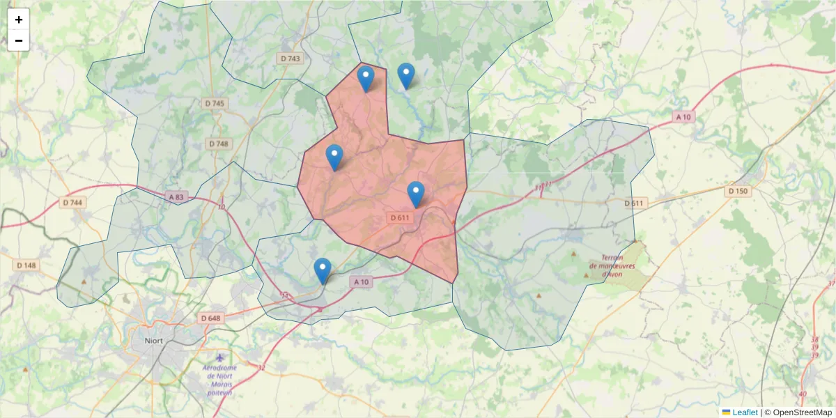 Carte de la zone du code postal  et des codes postaux voisins en France