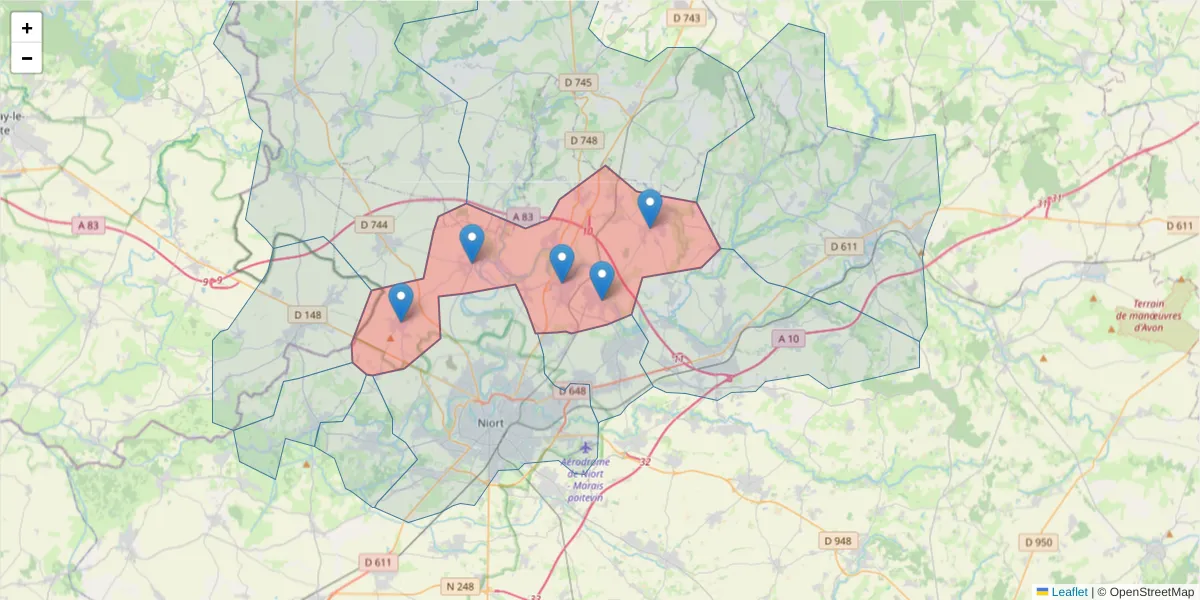 Carte de la zone du code postal  et des codes postaux voisins en France