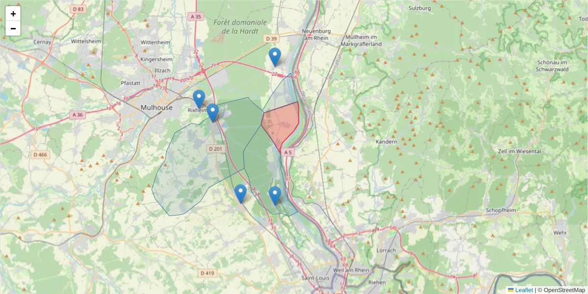 Carte de la zone du code postal  et des codes postaux voisins en France