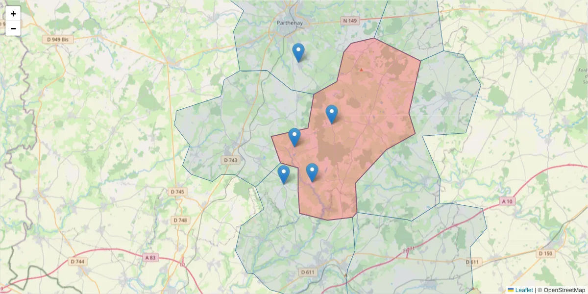 Carte de la zone du code postal  et des codes postaux voisins en France