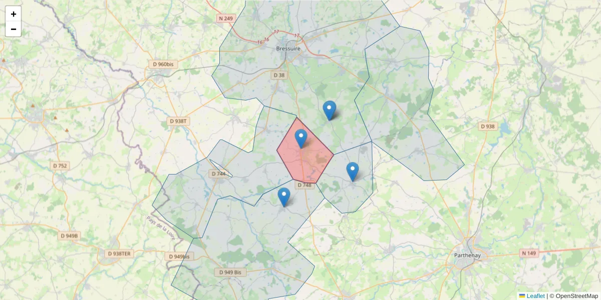 Carte de la zone du code postal  et des codes postaux voisins en France