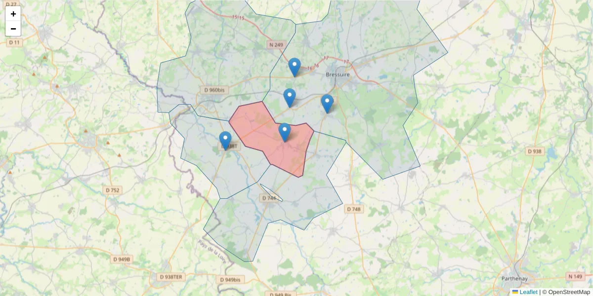 Carte de la zone du code postal  et des codes postaux voisins en France