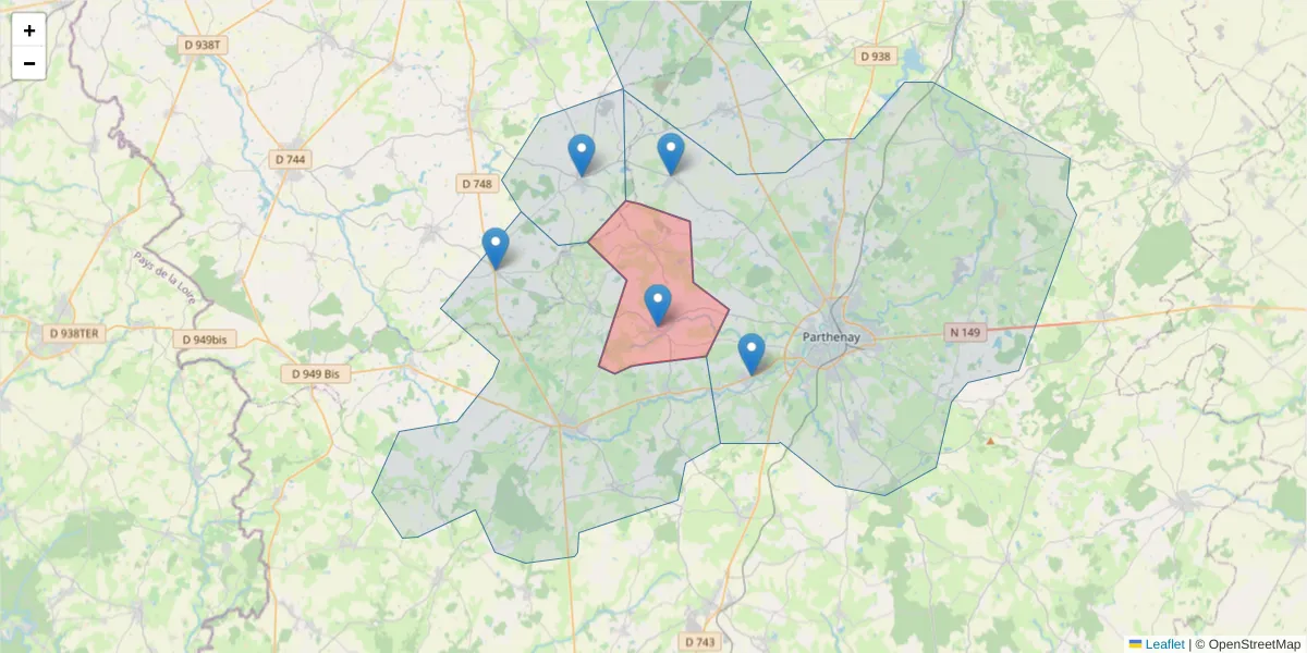 Carte de la zone du code postal  et des codes postaux voisins en France