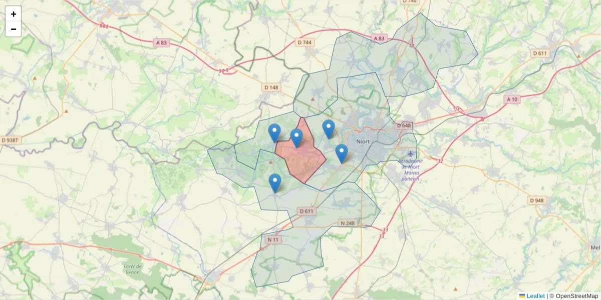 Carte de la zone du code postal  et des codes postaux voisins en France