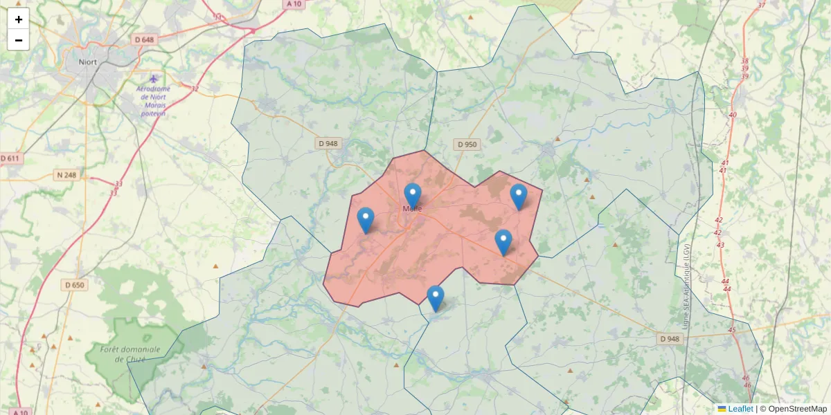 Carte de la zone du code postal  et des codes postaux voisins en France