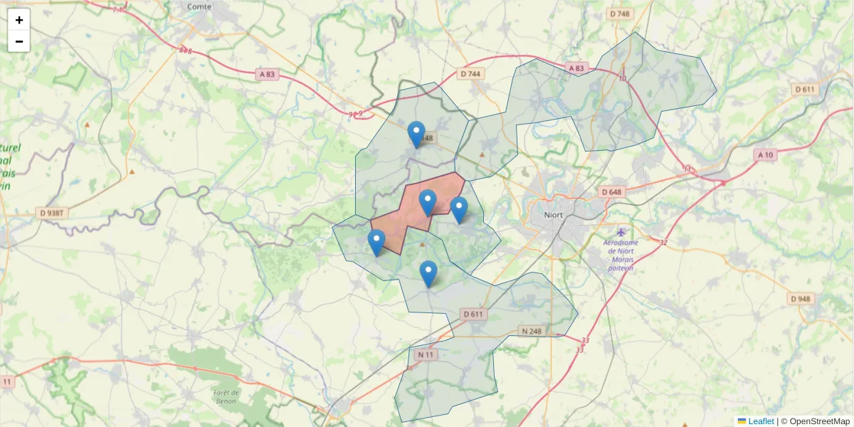 Carte de la zone du code postal  et des codes postaux voisins en France