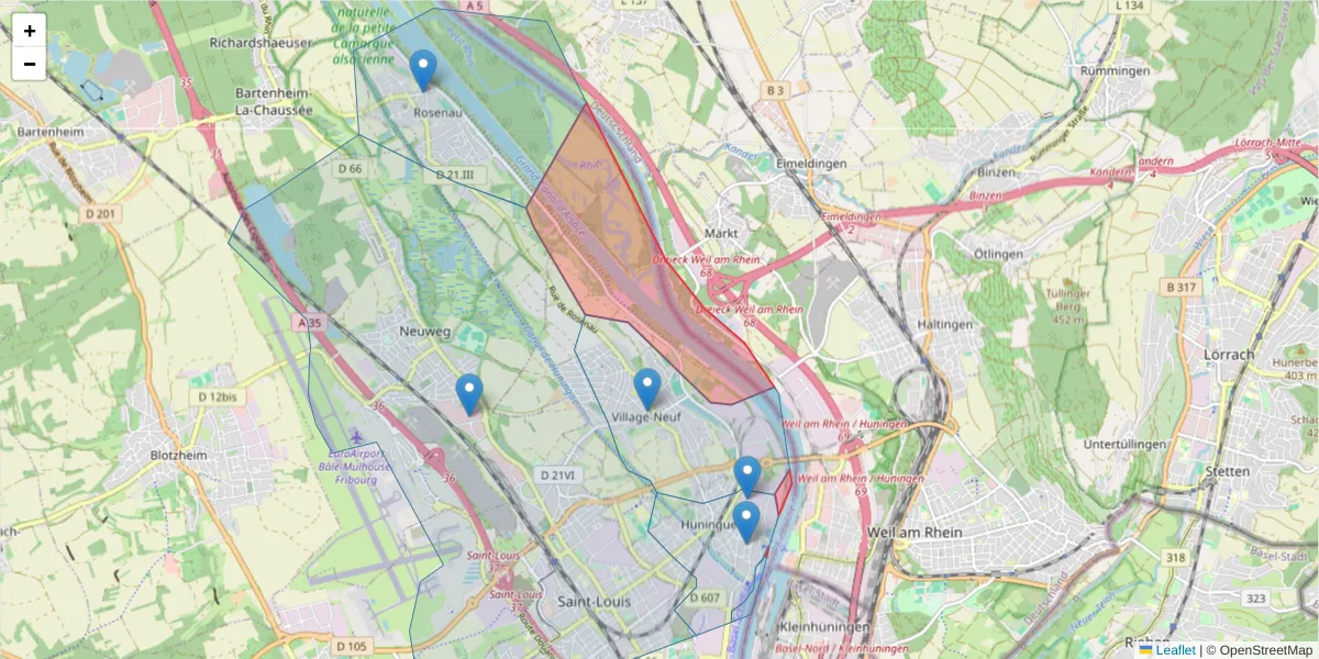Carte de la zone du code postal  et des codes postaux voisins en France