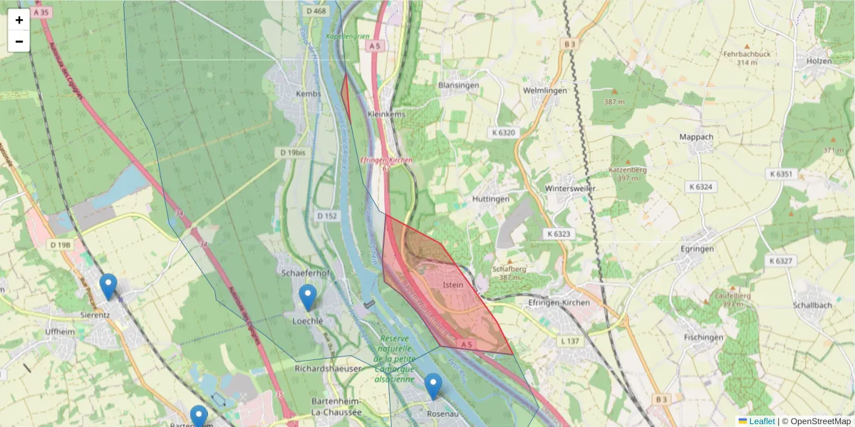 Carte de la zone du code postal  et des codes postaux voisins en France
