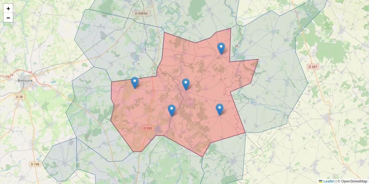 Carte de la zone du code postal  et des codes postaux voisins en France