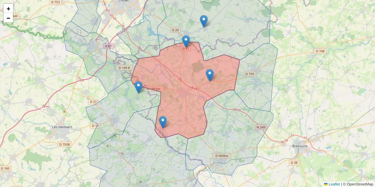 Carte de la zone du code postal  et des codes postaux voisins en France