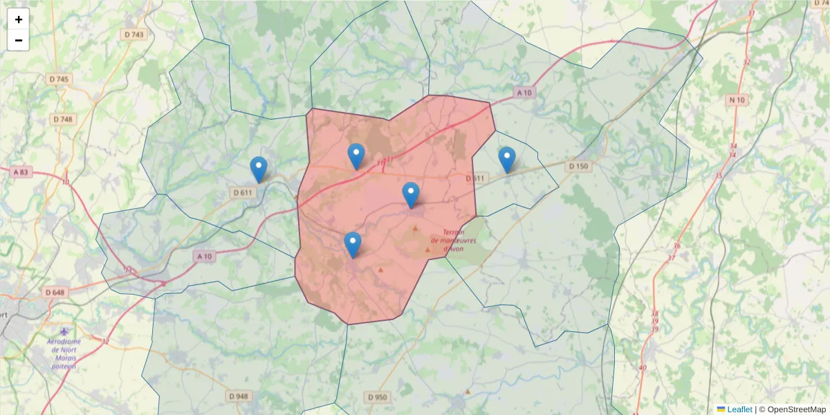 Carte de la zone du code postal  et des codes postaux voisins en France