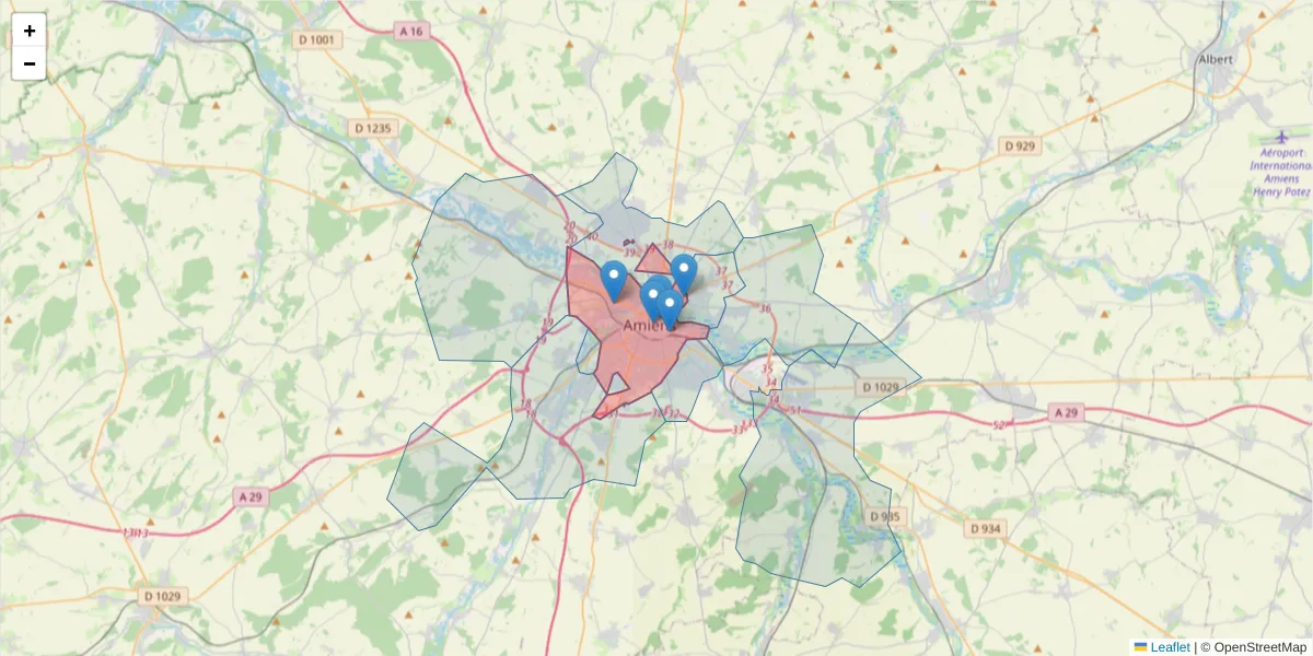 Carte de la zone du code postal  et des codes postaux voisins en France