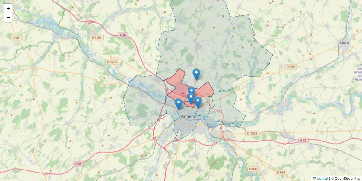 Carte de la zone du code postal  et des codes postaux voisins en France