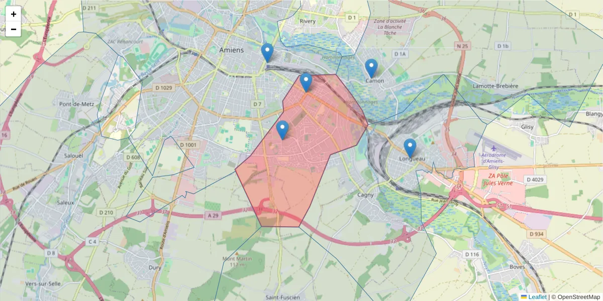 Carte de la zone du code postal  et des codes postaux voisins en France