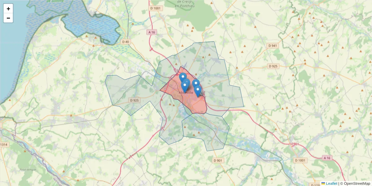 Carte de la zone du code postal  et des codes postaux voisins en France