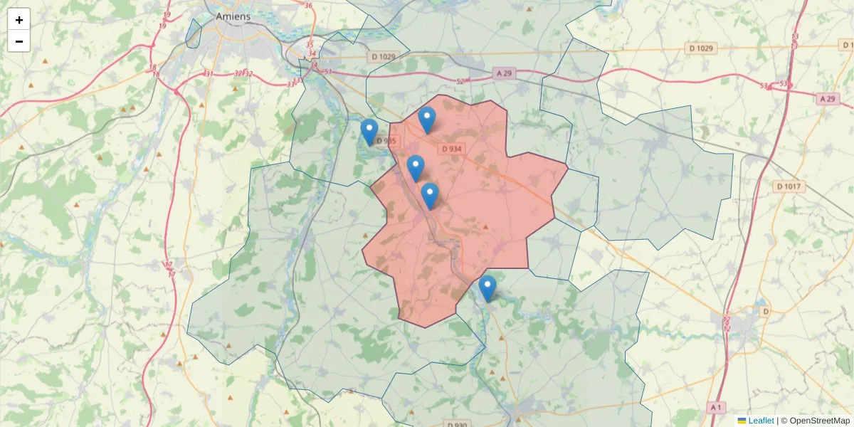 Carte de la zone du code postal  et des codes postaux voisins en France
