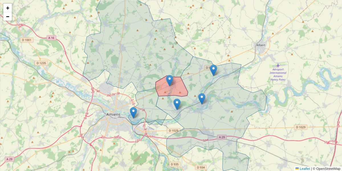 Carte de la zone du code postal  et des codes postaux voisins en France