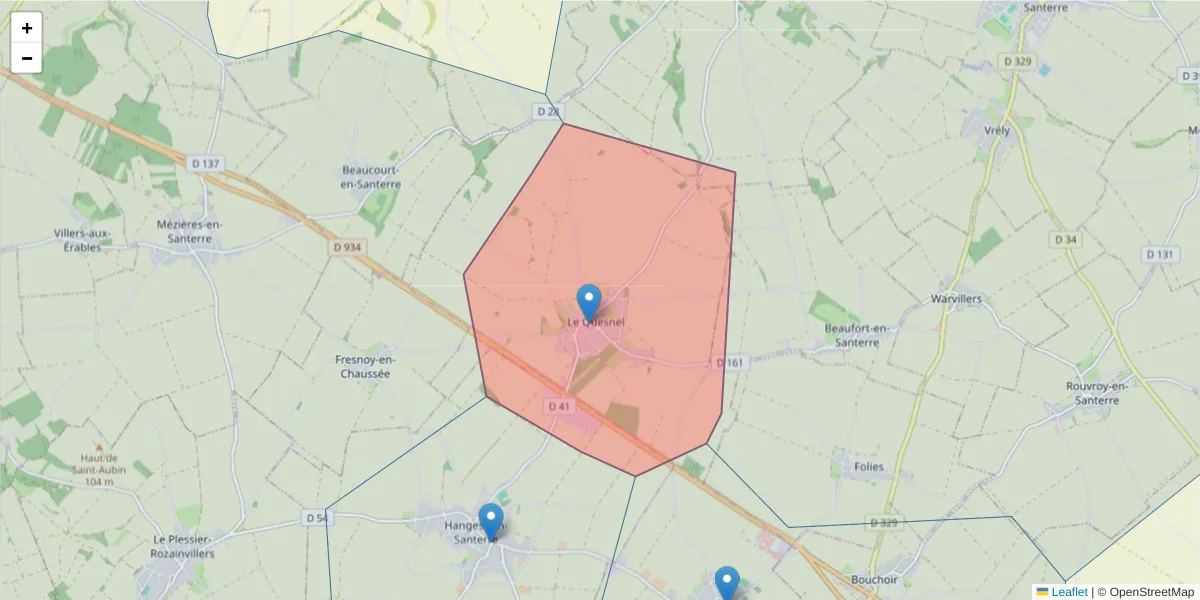 Carte de la zone du code postal  et des codes postaux voisins en France