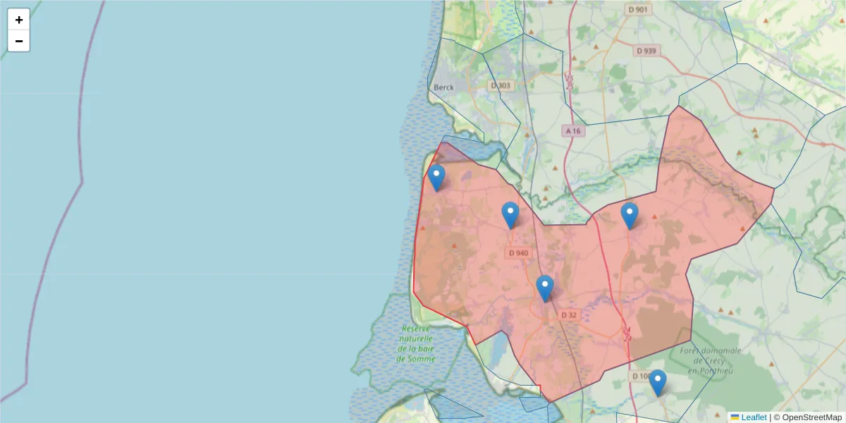 Carte de la zone du code postal  et des codes postaux voisins en France
