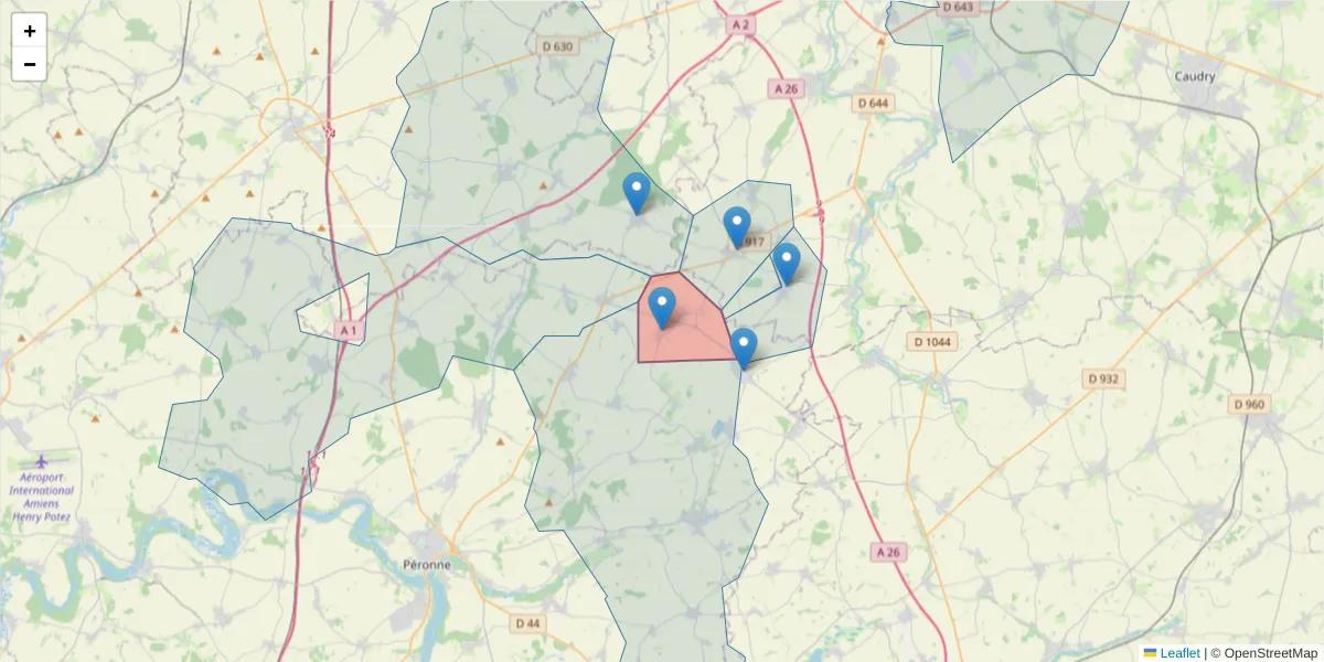 Carte de la zone du code postal  et des codes postaux voisins en France