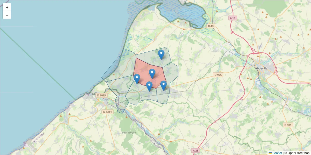 Carte de la zone du code postal  et des codes postaux voisins en France